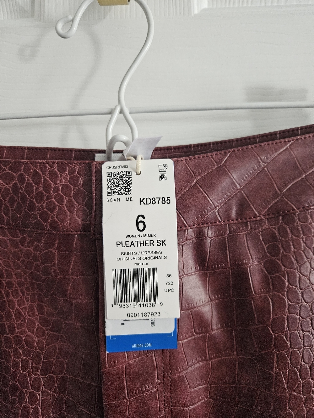 NWT- Adidas Originals Pleather Three Stripe Mini Skirt- Maroon - Picture 7 of 10
